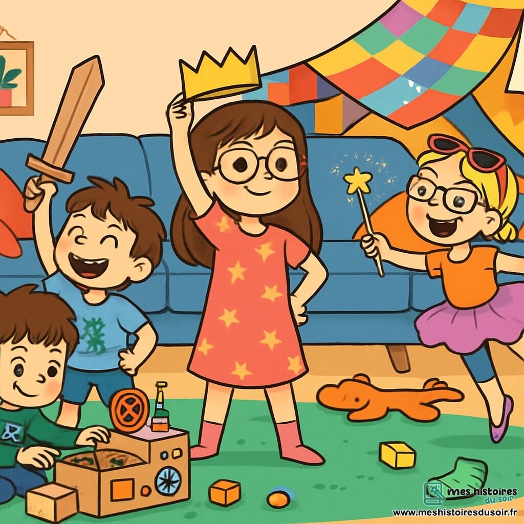 Quatre enfants jouent dans un salon chaleureux. Adèle, 8 ans, est au centre avec une robe rose et une couronne en papier. Basile, 6 ans, à gauche, porte un t-shirt bleu et brandit une épée en carton. Lucie, 7 ans, à droite, fait un saut avec un tutu violet et une baguette magique. Malo, 6 ans, est accroupi devant Basile, construisant une machine avec des boîtes et des chaussettes. Le salon est décoré de coussins colorés et de jouets éparpillés, transformé en marécage imaginaire. Les enfants s'engagent dans une aventure fantastique, chacun jouant son rôle.