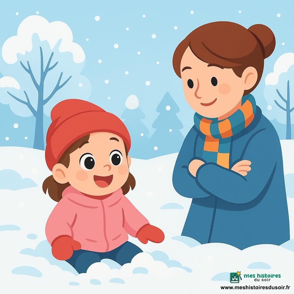 Une petite fille de 2 ans, avec de grands yeux brillants et un sourire joyeux, porte un bonnet rouge et un manteau rose. Elle est assise dans la neige, les mains plongées dans le blanc éclatant, avec une expression émerveillée. À côté d'elle, sa maman, une femme souriante d’environ 30 ans avec des cheveux châtains en chignon, l'observe tendrement, les bras croisés, vêtue d'un manteau bleu et d'une écharpe colorée. Le jardin paisible est recouvert d'une épaisse couche de neige scintillante sous la lumière douce du matin, avec des arbres chargés de neige. La petite fille découvre la neige pour la première fois, riant et jouant, tandis que sa maman la regarde avec amour, créant une scène chaleureuse d'hiver.