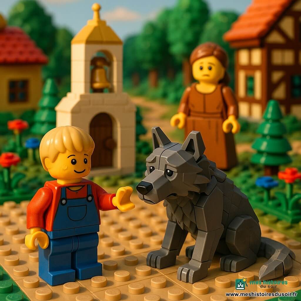 Un garçon de 6 ans au visage rond et cheveux blonds courts, expression courageuse, tend la main vers un grand loup en briques grises et noires au regard triste mais apaisé tandis qu’il montre le village d’un doigt ; la mère, une femme d’environ 30 ans aux cheveux châtain attachés et au visage inquiet, se tient à quelques pas sur la place en briques près d’une petite église et d’une cloche dorée ; en arrière-plan, maisons colorées, arbres verts en briques, fleurs rouges et bleues et un sentier forestier sinueux ; scène matinale aux ombres longues, couleurs chaudes et textures de diorama LEGO visibles.