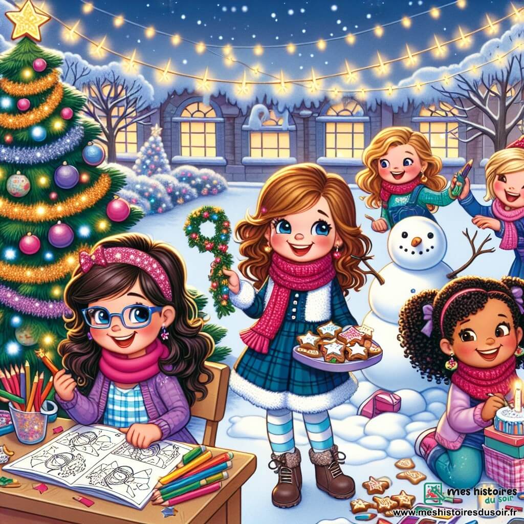 Dans une cour d'école enchantée, quatre filles se rassemblent autour d'un grand sapin décoré. Chloé, 10 ans, sourit en tenant une guirlande scintillante. Emma, 9 ans, colorie des cartes d'invitation. Lila, 10 ans, crée un bonhomme de neige en riant. Sarah, 9 ans, tient un plateau de biscuits en forme d'étoiles. La cour est recouverte de neige, des flocons tombent et des guirlandes lumineuses scintillent. Elles préparent une fête surprise de Noël pour leur maîtresse, Madame Dupont, en décorant la cour et en préparant des douceurs, tout en s'amusant dans une ambiance féerique.