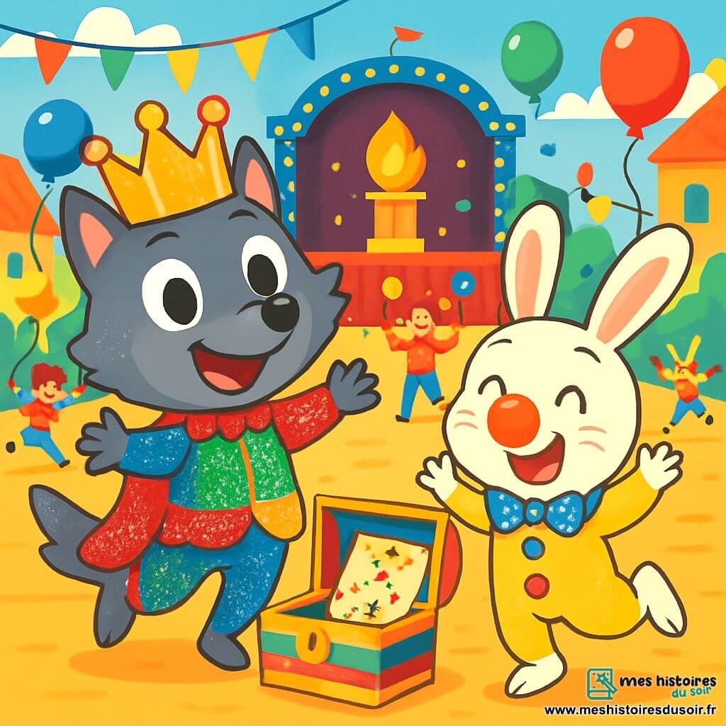 Un petit loup nommé Loulou, avec un pelage gris et des yeux pétillants, porte un costume de roi coloré avec des paillettes. Il danse joyeusement au milieu de la foule, souriant. À ses côtés, Milo, un lapin aux grandes oreilles et pelage blanc, est en costume de clown avec un nez rouge, sautant de joie. La scène se passe sur la place centrale de Rousseloup, décorée de guirlandes et de ballons, où des artistes jonglent et des enfants courent avec des cerfs-volants. Au fond, une scène illuminée et une statue en forme de flamme brillent. Loulou et Milo découvrent une boîte colorée avec une carte mystérieuse, prêts à percer le secret du carnaval.