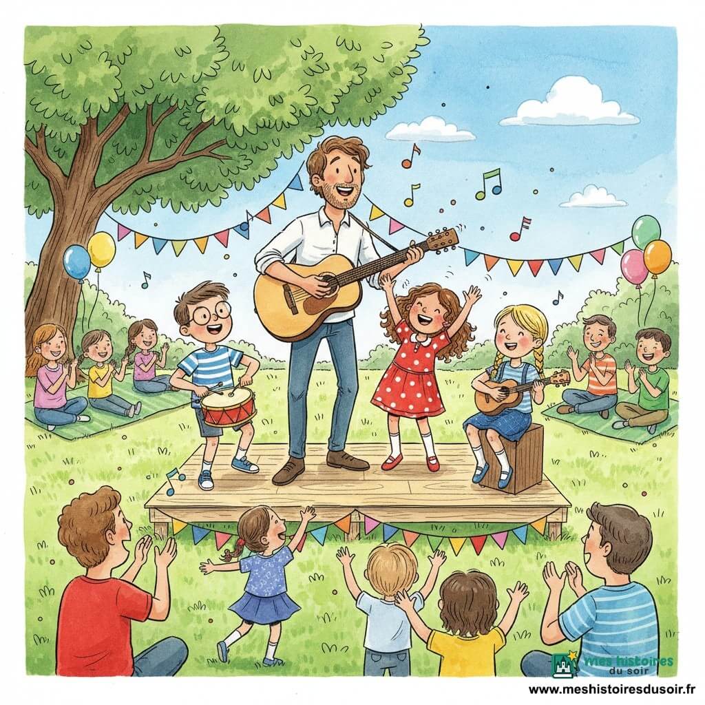 Un homme souriant la trentaine, Maxime, cheveux bruns légèrement bouclés en chemise claire avec une guitare acoustique claire chante sur une petite scène en planches ; Clara, environ 8 ans, cheveux bouclés châtain en robe rouge à pois, sourit et chante mains levées ; Jules, environ 9 ans, lunettes rondes et t‑shirt rayé, frappe un petit tambour rouge à gauche de Maxime ; Emma, environ 7 ans, tresses blondes et jupe bleue, joue un ukulélé assise sur une caisse à droite ; en arrière‑plan des parents assis sur des couvertures vertes applaudissent et des enfants dansent ; parc ensoleillé sous un grand chêne, scène décorée de guirlandes et de ballons, herbe verte, ciel bleu clair avec quelques nuages, ambiance chaleureuse et colorée de petit concert en plein air, notes de musique dessinées, lumières douces, traits d'encre et lavis d'aquarelle lumineux.