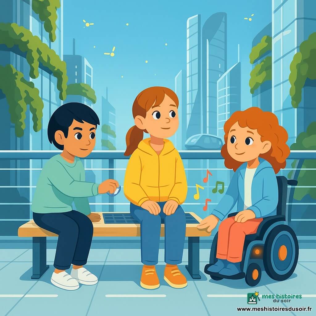 Trois filles de 12 ans assises côte à côte sur un banc solaire au centre d'une passerelle suspendue d'une ville futuriste : Lina, châtain clair en queue de cheval, veste jaune, jean, mains sur les genoux, regardant l'horizon ; Nour, cheveux noirs courts, sweat vert menthe, bracelet-écran, penchée vers Lina en train de montrer son écran ; Mina, cheveux bouclés roux en petit fauteuil roulant électrique, veste bleu ciel, touchant un capteur du banc. Sol en dalles métalliques avec lignes lumineuses, tours végétalisées et navettes magnétiques en arrière-plan, quelques drones-lucioles, ciel bleu. Les trois écoutent une berceuse visible en notes colorées flottant autour d'elles ; ambiance calme, lumineuse et centrée sur leurs expressions d'émerveillement.