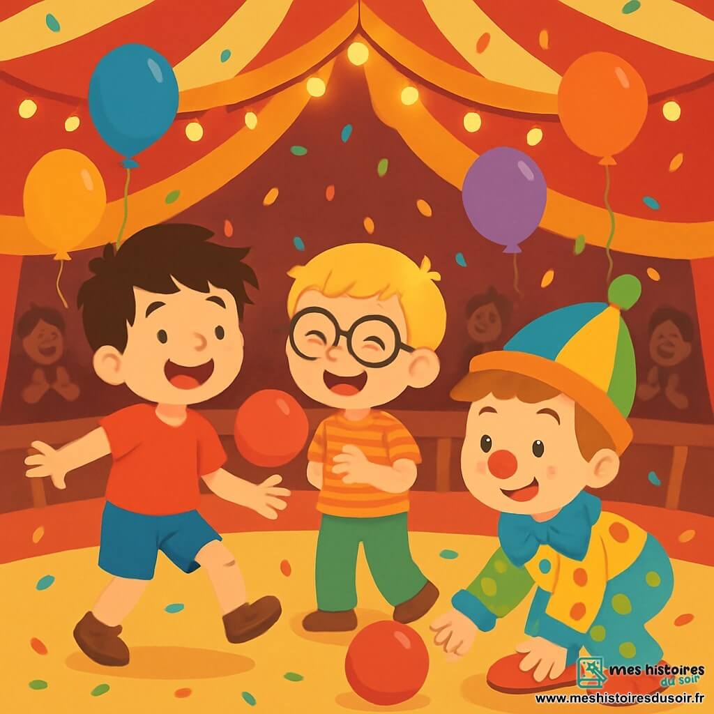 Il y a trois personnages : Jules, un garçon de 6 ans avec des cheveux bruns en bataille, un t-shirt rouge et un short bleu, jongle avec un ballon rouge, souriant. Léon, 5 ans, blond avec des lunettes rondes, porte une chemise à rayures et un pantalon vert, rit après avoir fait tomber le ballon. Max, 4 ans, avec des cheveux châtains et un chapeau de clown, est accroupi pour ramasser le ballon. L'action se déroule dans un chapiteau de cirque aux rayures rouges et jaunes, illuminé par des lumières scintillantes, avec des spectateurs riant et applaudissant. Les garçons jouent avec le clown Gribouille, créant une ambiance joyeuse et festive.