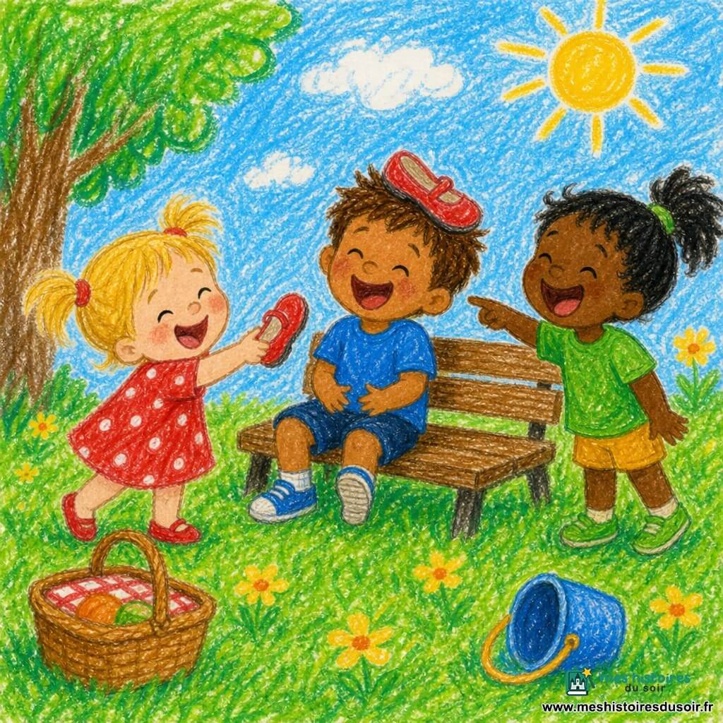 Une petite fille de 2 ans, Lina, cheveux blonds en couettes, robe rouge à pois blancs, tend une chaussure en souriant; Tom, environ 3 ans, cheveux châtain courts, chemise bleue, assis sur un banc bas rit avec une chaussure posée de travers sur la tête; Zoé, environ 3 ans, cheveux noirs en queue de cheval, t-shirt vert, debout près d'un seau renversé montre la chaussure en riant; coin de parc ensoleillé avec banc en bois, herbe parsemée de fleurs jaunes, petit seau bleu et panier de goûter; scène légère et colorée, traits simples au crayon, couleurs vives et textures grainées.