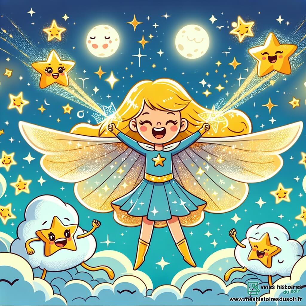 Super Étoile, une femme héroïque avec de longs cheveux dorés et un costume scintillant, vole joyeusement dans le ciel, un grand sourire sur le visage. Elle déploie ses ailes magiques, entourée d'étoiles brillantes qui montrent sa détermination et sa joie. Le petit nuage, un personnage secondaire, est doux et arrondi, avec des yeux tristes, flottant en dessous de Super Étoile et regardant avec espoir les étoiles. Les étoiles, des créatures lumineuses aux visages joyeux, dansent autour d'elle, créant une atmosphère festive. La scène se déroule dans un ciel bleu éclatant, avec des nuages cotonneux et une lune douce qui éclaire le paysage nocturne. Super Étoile rassemble les étoiles perdues s'échappant de derrière la lune pour les ramener au petit nuage, créant un moment de bonheur et d'amitié dans le ciel.