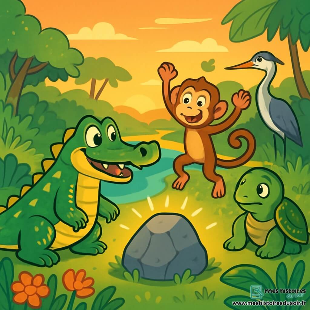 Un crocodile aux écailles d’émeraude et reflets dorés se tient au bord d'une rivière scintillante, observant un rocher mystérieux qui pulse d'une lumière douce. À ses côtés, un singe caramel, joyeux, et une tortue sage l'observent, tandis qu'un héron se tient en retrait. La rivière serpente à travers une jungle vibrante, baignée par la lumière dorée du soleil couchant. L'ensemble montre le crocodile et ses amis découvrant le rocher mystérieux, prêt à révéler un secret captivant.