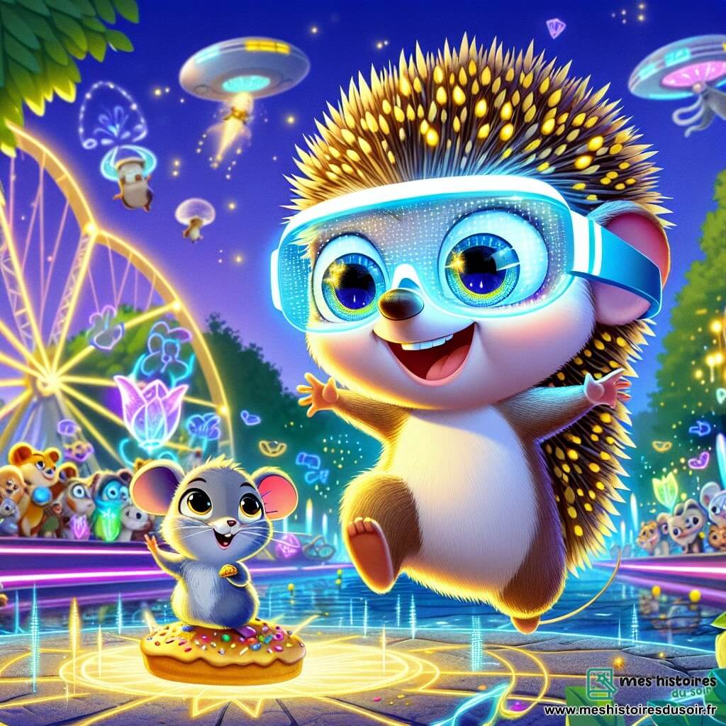 Hector, un petit hérisson aux piquants dorés et aux yeux curieux, porte des lunettes de réalité augmentée brillantes et saute de joie, souriant largement. À ses côtés, sa meilleure amie Lila, une petite souris grise aux grandes oreilles, l'observe avec émerveillement, tenant une pâtisserie. Ils se trouvent dans un parc futuriste de Lumiville, peuplé d'arbres luminescents, d'hologrammes de jeux interactifs et d'animaux autour d'une fontaine scintillante, tandis que des voitures volantes ajoutent une touche magique. Ensemble, ils explorent la technologie des lunettes de réalité augmentée, interagissant avec des hologrammes colorés et captivant une foule d'animaux émerveillés.