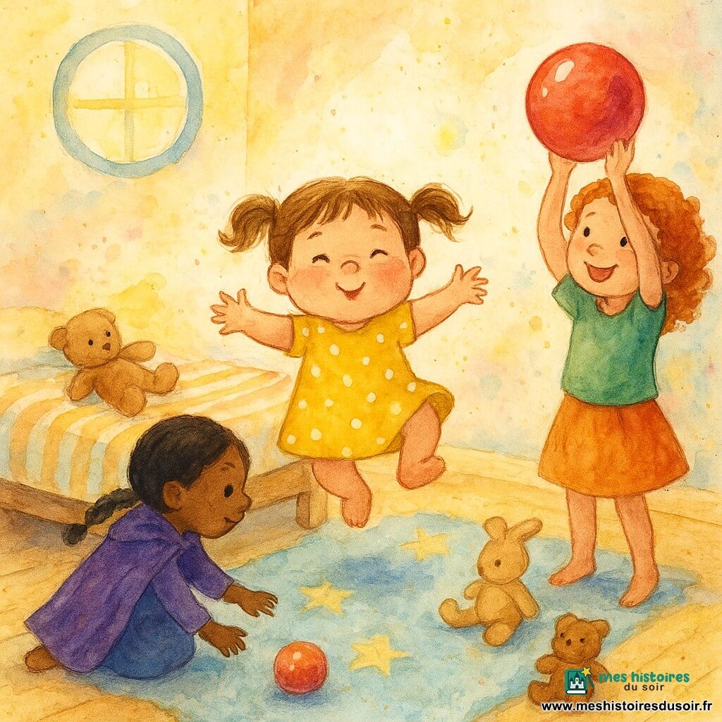 Trois filles jouent dans une chambre d'enfant colorée au sol en bois clair : Zoé, 2 ans, petite et joufflue aux couettes et robe jaune à pois, saute au centre en soufflant joyeusement ; Lila, 3 ans, fine aux tresses et drap violet en cape, est à gauche agenouillée pour récupérer un ballon roulant sous le lit ; Mia, 4 ans, plus grande aux cheveux roux bouclés, t-shirt vert et jupe orange, tient le ballon brillant très haut en souriant ; tapis étoilé, lit bas à couverture rayée, peluches éparpillées, fenêtre ronde laissant entrer une lumière douce, murs ornés d'éclaboussures aquarelle pour un effet magique.