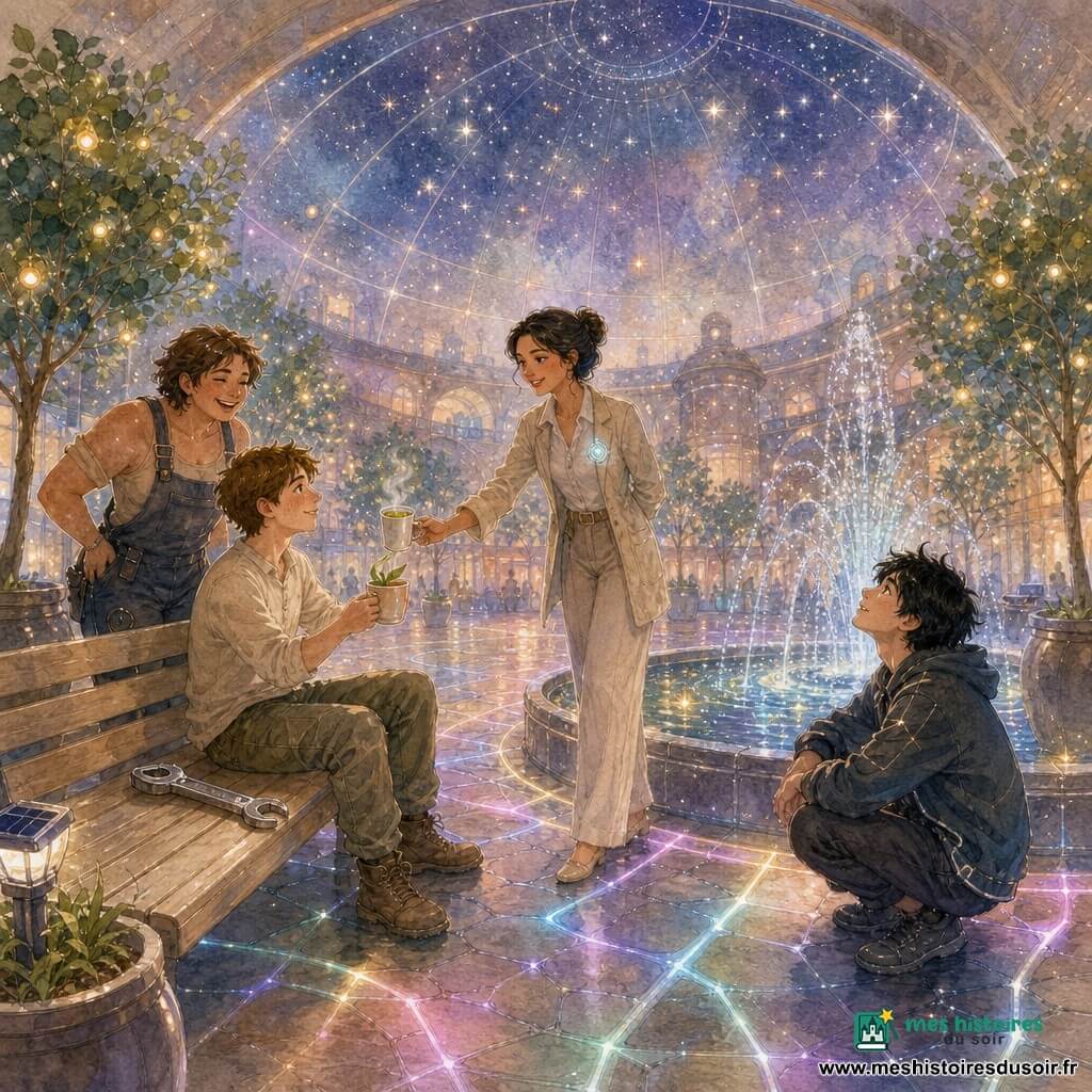 Nils, assis sur un banc en bois clair, sourit en tenant une tasse fumante de tisane à la menthe ; Mado, mécanicienne robuste d'une trentaine d'années en salopette avec une clé à ses côtés, rit debout près du banc ; Léo, jeune navigateur mince d'environ 20 ans aux cheveux noirs en bataille, est accroupi près du bord de la fontaine, émerveillé par le dôme ; Sanaa, ingénieure élégante d'environ 30 ans, tend une deuxième tasse depuis la place centrale ; lieu : grande place intérieure sous un dôme translucide avec sol pavé de lignes lumineuses changeant de couleur, arbres en pots et fontaine projetant gouttes scintillantes ; situation : l'équipage se repose après une réparation, ambiance chaude et tranquille aux lumières pastel et textures aquarelle, reflets blancs soulignés.