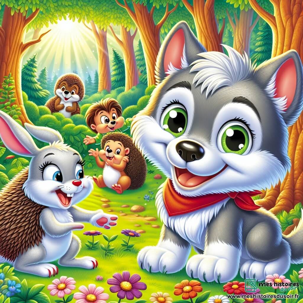 Loulou, un petit loup gris souriant, rit joyeusement en jouant à cache-cache avec ses amis dans la forêt. Léa, une lapine blanche, est cachée derrière un arbre, prête à surprendre Loulou, tandis que Tom, un hérisson brun, observe la scène avec curiosité. La forêt est luxuriante, avec des arbres verts, des fleurs colorées et une lumière dorée. Cette scène met en avant la joie de l'amitié et la célébration des différences dans un cadre enchanteur.