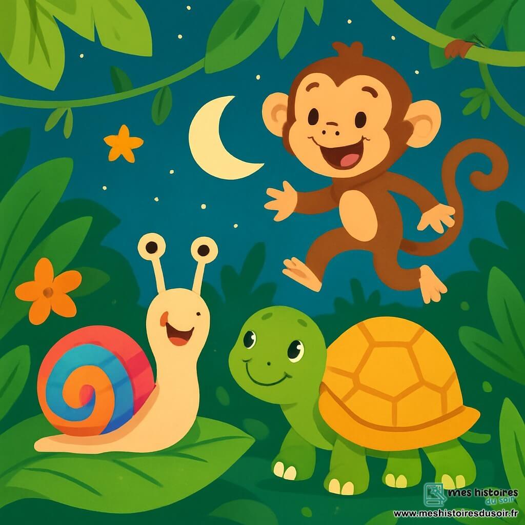 Un escargot souriant avec une coquille rayée de couleurs vives avance lentement sur une grande feuille verte brillante, ses yeux pétillants de joie. À côté, une tortue à la carapace dorée regarde autour d'elle, émerveillée par la beauté de la jungle. Un singe espiègle, aux poils bruns et aux yeux malicieux, saute de branche en branche, riant et faisant des grimaces. La jungle est luxuriante, remplie de grandes feuilles vertes, de fleurs colorées et de lianes, sous un ciel étoilé éclairé par une lune brillante. Les trois amis s'amusent ensemble, prêts à vivre une aventure pleine de rires et de surprises.