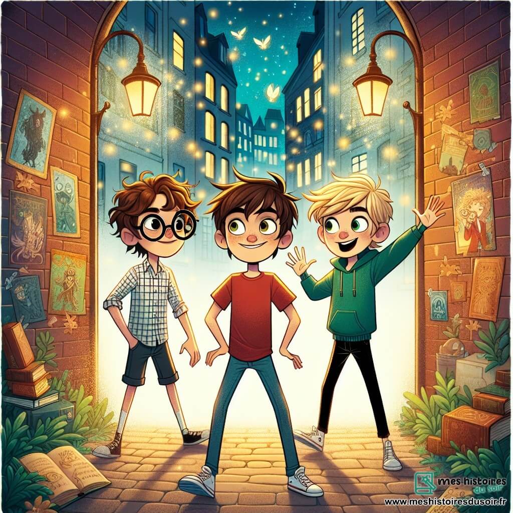 Trois garçons d'environ 10 ans se tiennent au centre de la scène. Max, aux cheveux bruns et aux yeux pétillants, porte un t-shirt rouge et un short bleu, souriant d'excitation. À sa droite, Lucas, avec des cheveux blonds et des lunettes rondes, est vêtu d'une chemise à carreaux et d'un pantalon noir, levant les bras en l'air. À gauche, Hugo, aux cheveux châtains, porte un sweat à capuche vert et un jean, affichant une expression d'émerveillement. Ils se trouvent dans une ruelle magique de Lumièreville, ornée de graffitis colorés. Des lampadaires scintillants illuminent la scène, et des livres volants flottent autour d'eux. Ils découvrent une porte en bois dorée qui s'ouvre sur un monde fantastique, prêts à entrer, leurs visages illuminés par la curiosité et l'aventure.