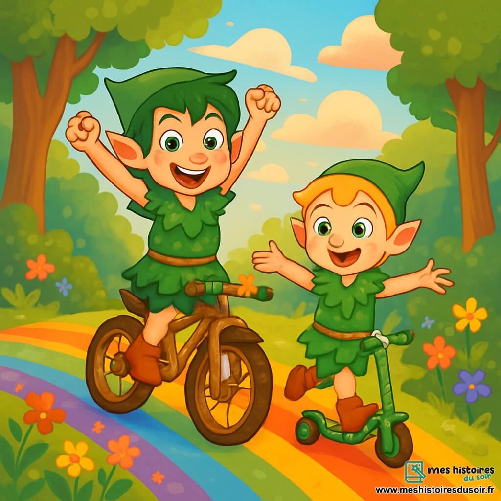 Dans une forêt enchantée, Léo, un lutin espiègle aux cheveux verts, sourit sur son vélo en bois orné de fleurs, prêt pour l'aventure. À ses côtés, son petit frère Max, un lutin blond, est sur sa trottinette à trois roues décorée de feuilles scintillantes, affichant une joie débordante. La scène se déroule sur une colline Arc-en-Ciel, avec des fleurs colorées et un ciel pastel. Les deux frères rient en courant vers le sommet, où un goûter royal les attend.