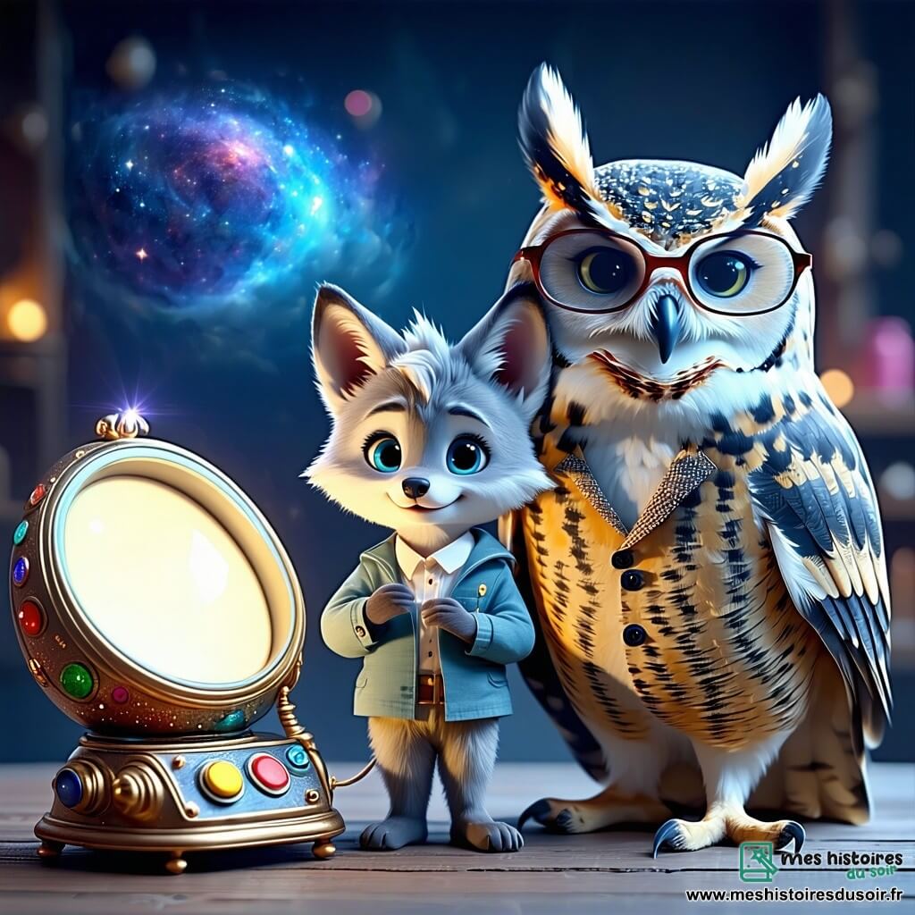 Au centre de l'image, un petit loup nommé Loulou, avec un pelage gris argenté et de grands yeux curieux, se tient devant une machine à voyager dans le temps en forme d'œuf, ornée de boutons colorés et de lumières clignotantes. À ses côtés, le professeur Hoot, un hibou aux lunettes rondes et au plumage tacheté, exprime une joie contagieuse, prêt à s'envoler. Un chat aux yeux malicieux, portant un petit chapeau de paille, observe la scène avec un sourire espiègle. Le décor est une clairière ensoleillée, entourée d'arbres majestueux et de fleurs colorées, créant une ambiance magique. Loulou et ses amis sont prêts à activer la machine, impatients de découvrir les merveilles du passé.