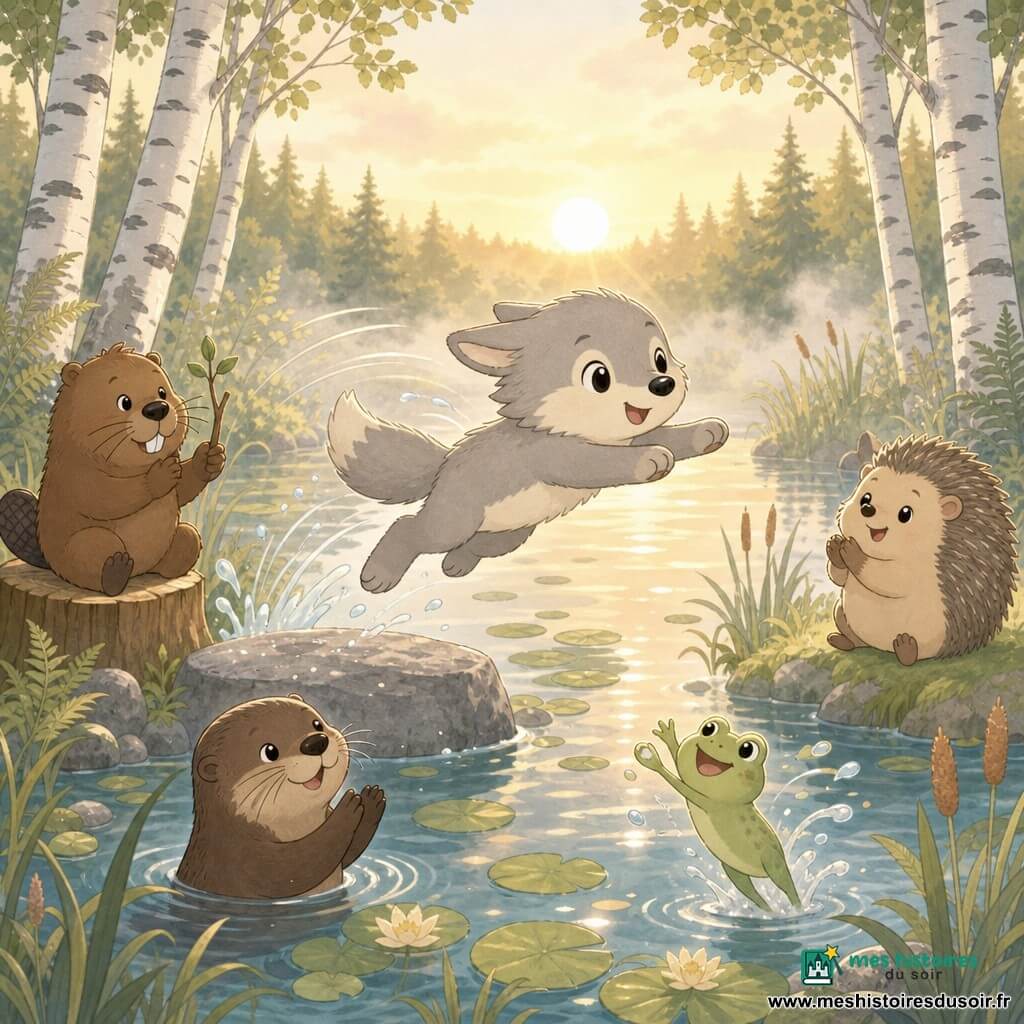 Lupo, petit loup joueur gris clair au ventre crème, est en plein saut depuis un rocher, visage joyeux et déterminé, oreilles rabattues, pattes étendues, entouré de gouttes d’eau et lignes de mouvement ; Balthazar, vieux castor brun aux grosses moustaches, assis sur une souche en bas à gauche, applaudit avec une petite branche ; Mina, loutre brune lisse, est dans l’eau près des nénuphars, regard encourageant ; Zoé, grenouille vert clair, saute à la surface à droite de Lupo, yeux ronds enthousiastes ; Gaspard, hérisson beige et piquant, applaudit depuis la rive, expression ravie ; lieu : étang matinal dans une clairière boisée avec eau miroitante aux reflets dorés du lever de soleil, légère brume, nénuphars, joncs, grands bouleaux, fougères et rocher plat gris texturé au premier plan ; situation : moment de triomphe juste avant le splash, composition dynamique centrée sur Lupo en vol, couleurs pastel douces, contours nets, formes simples, ambiance d’entraide et de joie sportive.
