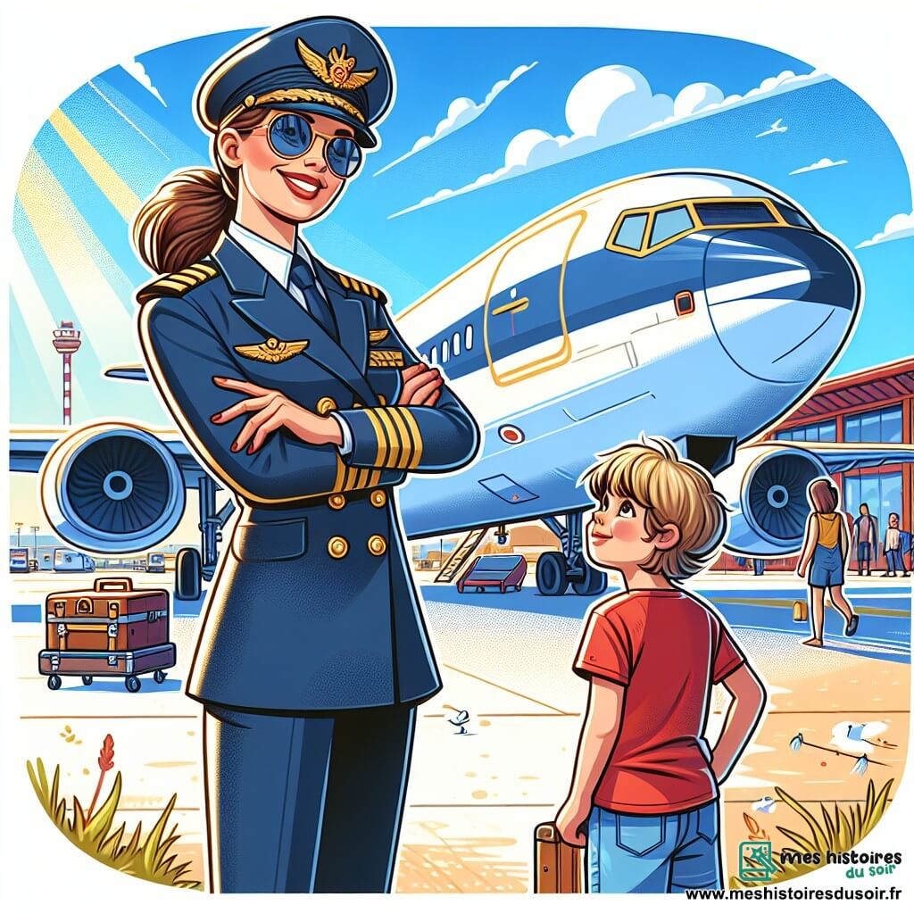 La capitaine Zoé, pilote confiante en uniforme bleu marine, sourit avec des lunettes de soleil sur le front. Elle se tient devant un grand avion, les bras croisés, examinant attentivement une aile. À ses côtés, Arthur, un garçon de 7 ans aux cheveux blonds en bataille, observe l'avion avec émerveillement, vêtu d'un t-shirt rouge et d'un short bleu. L'aéroport est animé, avec des avions colorés, des bagages et des passagers en mouvement. Zoé inspecte l'aile avant le décollage, tandis qu'Arthur, curieux, l'admire, impatient de vivre une aventure dans les airs.
