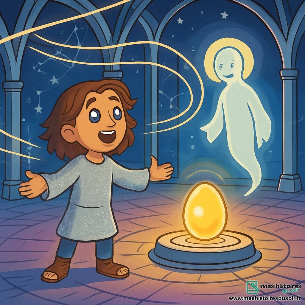Éloi, homme au visage doux et aux yeux brillants, porte une tunique argentée et se tient les bras ouverts dans la Salle des Échos, écoutant la mélodie des cordes de lumière avec un sourire émerveillé. À proximité, le Guide Cosmique, une silhouette lumineuse, l'observe bienveillant. La Salle des Échos, majestueuse avec ses arches en métal argenté et ses murs ornés de constellations, crée une atmosphère magique avec des cordes de lumière vibrantes. Éloi chante une mélodie simple pour réveiller l’étoile endormie au centre de la salle, où repose un œuf de lumière dorée pulsant au rythme de son chant.