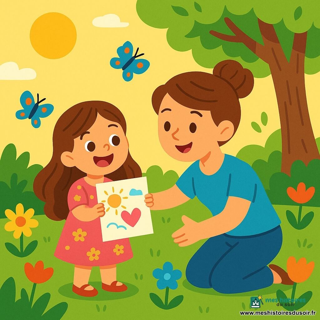 Une petite fille de 4 ans, avec de longs cheveux bruns et des yeux pétillants, se tient dans un jardin ensoleillé, souriante. Elle porte une robe rose à fleurs et tient un dessin coloré. À côté d'elle, sa maman, une femme d'environ 30 ans avec des cheveux châtains en chignon, la regarde avec tendresse, prête à l'enlacer. Le jardin est rempli de fleurs colorées et de papillons, créant une atmosphère chaleureuse. La scène montre la petite fille offrant fièrement son dessin à sa maman, célébrant la fête des mères dans un moment de complicité.