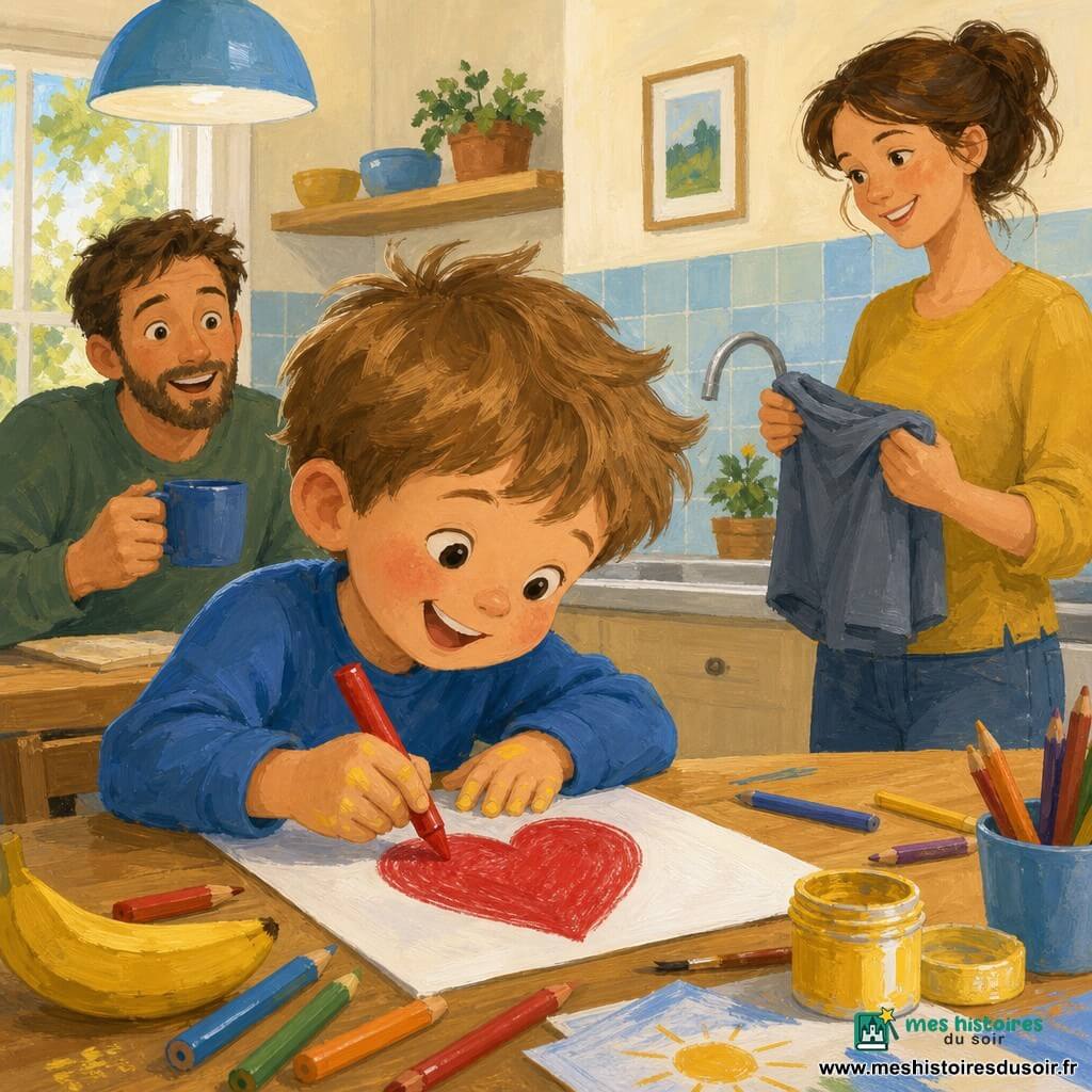 Un garçon de 4 ans, cheveux châtain clair en bataille, joyeux et concentré, dessine un grand cœur rouge sur une feuille avec un gros crayon, doigts tachés de peinture; la mère (~30 ans) souriante, queue de cheval, tient un vieux t‑shirt de papa près de l'évier; le père (~35 ans), barbe courte, assis à la table en arrière-plan, le regarde surpris et heureux, tasse de café à la main; cuisine lumineuse aux murs crème et carreaux bleu pâle, table en bois clair couverte de papiers, crayons, banane et pot de peinture ouvert; ambiance matinale douce — l'enfant prépare une surprise pour la fête des pères.