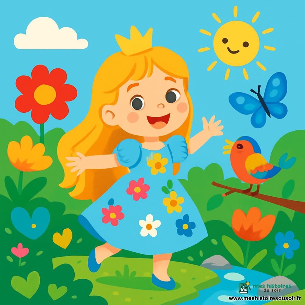 La princesse Élise, une fillette d'environ 8 ans aux longs cheveux dorés et aux yeux pétillants, se trouve dans un jardin enchanté. Elle porte une robe légère couleur ciel ornée de fleurs multicolores et son visage exprime l'émerveillement. À ses côtés, un petit oiseau aux plumes arc-en-ciel chante sur une branche, tandis qu'un papillon bleu aux ailes scintillantes vole autour d'elle. Le jardin est féerique, rempli de fleurs géantes, de buissons en forme de cœurs et d'un ruisseau cristallin. Élise danse joyeusement parmi les fleurs, les bras ouverts, sous un soleil rayonnant, créant une atmosphère de bonheur et d'aventure.