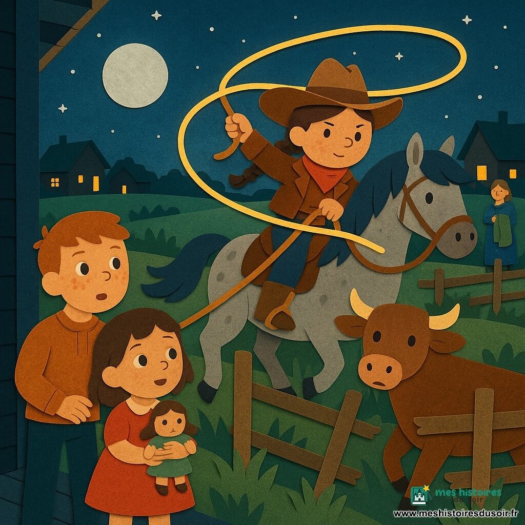 Amelia, une cow‑girl courageuse au visage rond et tresse brune, chevauchant Lune, un grand cheval gris à la crinière flottante, lance un lasso lumineux pour rassembler une vache brune surprise vers l’enclos tandis que Mme Carter, soulagée, tient une couverture près d’une barrière cassée, Tom, environ 10 ans aux taches de rousseur, et la petite Rose de 6 ans avec sa poupée observent depuis le porche; le tout se déroule dans une prairie nocturne aux herbes découpées, clôtures en bois, lune argentée, ciel étoilé et lanternes jaunes au loin.
