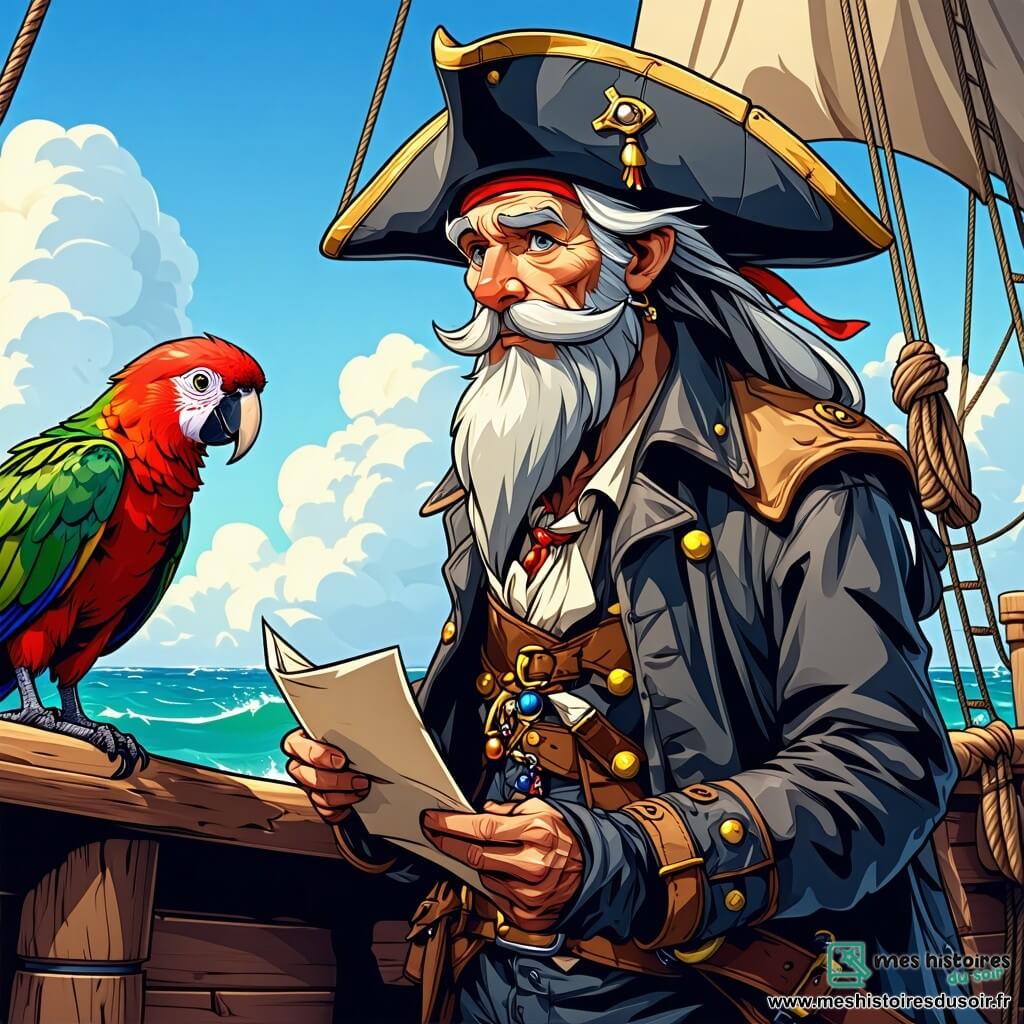 Le capitaine Griffe d’Argent, un homme de 60 ans avec une longue barbe argentée et un chapeau de pirate, se tient sur le pont de son navire, l’Écume des Rêves, tenant une lettre mystérieuse. À ses côtés, Léo, un perroquet aux plumes vertes et bleues, observe l'horizon, tandis que Mireille, une jeune fille de 12 ans avec des cheveux bouclés, scrute la mer avec une longue vue, prête à repérer des dangers. Le port est animé, avec des voiles colorées et des bateaux amarrés. Le capitaine, déterminé, se prépare pour une aventure à la recherche du trésor de la Sirène d’Azur.