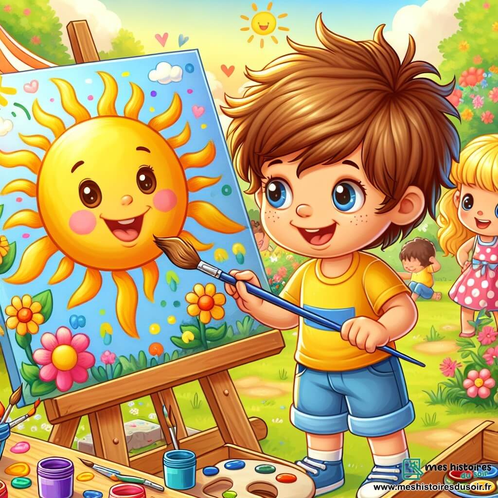 Un petit garçon de 4 ans, Tom, avec des cheveux bruns en bataille et des yeux pétillants, peint un grand soleil sur une toile. Il porte un t-shirt jaune et un short bleu, souriant d'excitation. À côté, Léa, une petite fille de 4 ans avec des couettes blondes et une robe rose à pois, admire son tableau, les mains sur les hanches. La scène se déroule dans un jardin ensoleillé, rempli de fleurs colorées, avec des enfants qui jouent en arrière-plan et des tables en bois couvertes de pots de peinture. Tom et Léa sont plongés dans leur peinture, dans une ambiance joyeuse et créative, où l'amitié et l'imagination s'épanouissent.