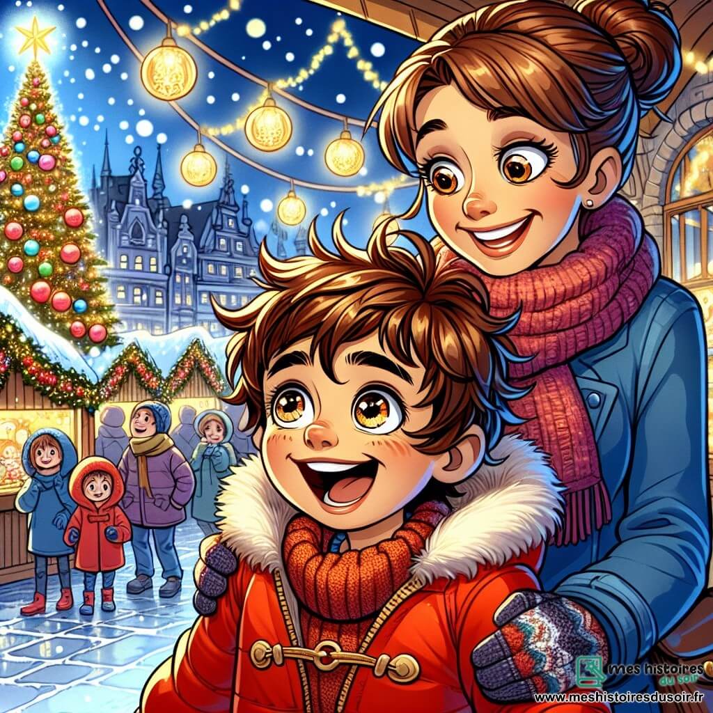 Un garçon de 7 ans, Louis, avec des cheveux châtains en bataille et des yeux curieux, se tient au centre de l'image, souriant d'émerveillement. Il porte un manteau rouge et des gants en laine, fasciné par un immense sapin de Noël décoré. À ses côtés, sa maman, une femme d'environ 35 ans avec des cheveux bruns en chignon et un sourire chaleureux, tient sa main tout en observant le marché. Elle est vêtue d'un manteau bleu et d'une écharpe en laine, heureuse de partager ce moment. Le marché de Noël est animé, avec des chalets en bois décorés de lumières et des enfants jouant autour d'eux. Louis pointe l'étoile scintillante au sommet du sapin, tandis que sa maman l'encourage, capturant l'esprit festif de cette journée spéciale.