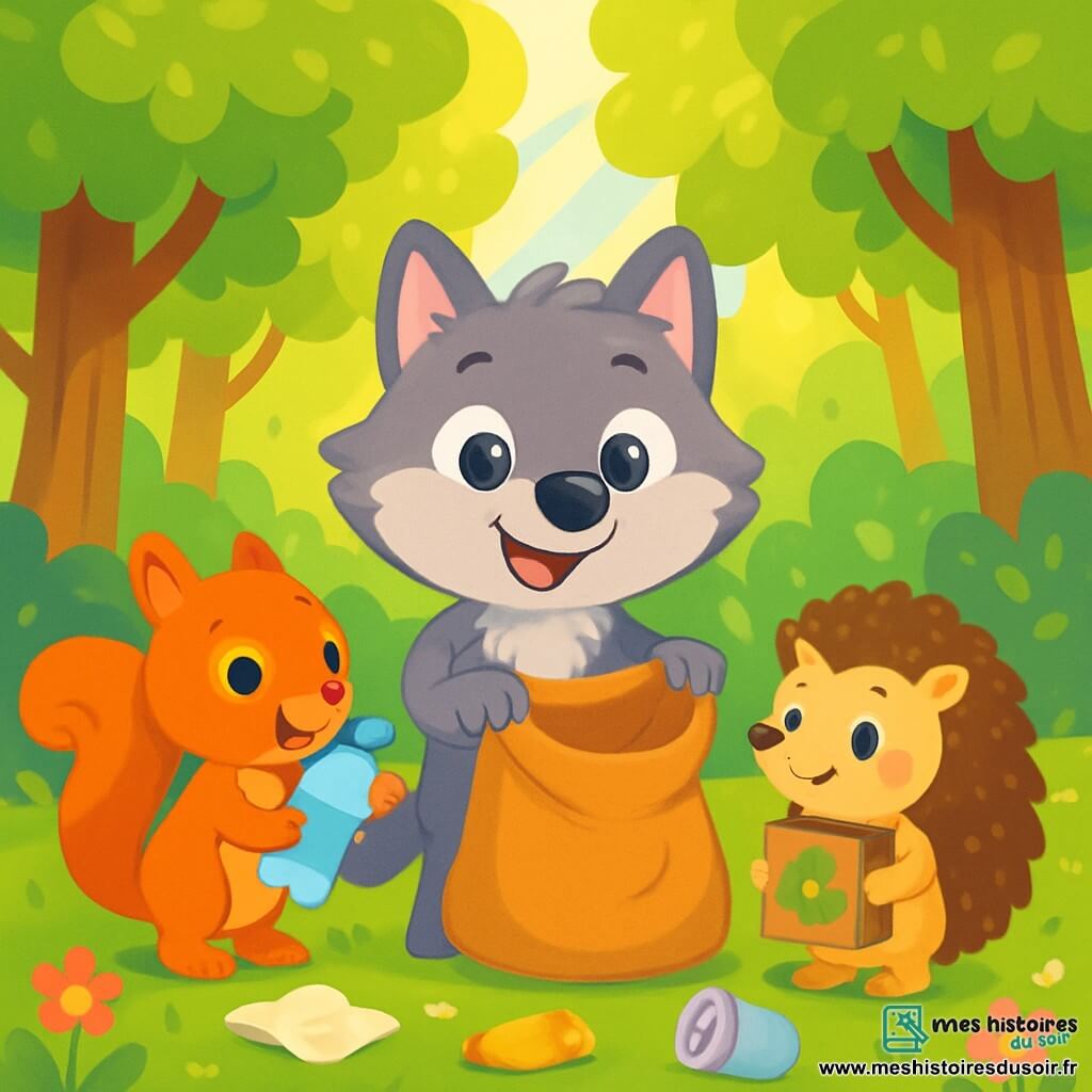 Un petit loup nommé Léo, avec une fourrure grise et des yeux brillants, se tient au centre d'une forêt. Il ramasse des déchets avec un grand sac en toile, affichant détermination et joie. À sa droite, une hérisson nommée Hélène, avec des piquants dorés, le regarde avec admiration en tenant un carton recyclé. À sa gauche, une écureuil espiègle nommée Émilie, avec une fourrure rousse, sourit en tenant une bouteille en plastique prête à la mettre dans le sac. La forêt est verdoyante, avec des arbres majestueux et des fleurs colorées, mais jonchée de déchets. Léo et ses amis s'engagent à nettoyer leur environnement, sourires aux lèvres.