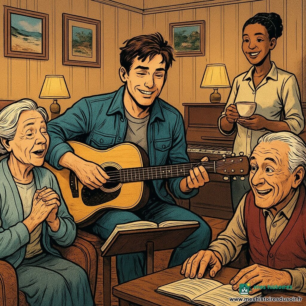 Martin, homme adulte souriant et bienveillant, peau claire, cheveux bruns en bataille, veste en jean, guitare en bois clair sur le genou et carnet de partitions ouvert, dirige doucement une petite chorale de résidents dans un salon de maison de retraite chaleureux aux tons chauds — Gaston, homme d’environ 80 ans au gilet bordeaux et cheveux blancs, assis au premier rang à droite, compte le rythme sur la table avec un air amusé; Lila, bénévole de 25–30 ans en blouse claire, chignon, se tient près de la porte souriante avec un chapeau de tisane; une dame d’environ 75 ans, chignon argenté, est assise à gauche de Martin, mains jointes, prête à chanter — parquet ciré, lambris beiges, piano droit, photos de plages et jardins, petites lampes à abat-jour et tapis tissé forment une ambiance intime, conviviale et chaleureuse, composition rapprochée, couleurs chaudes et textures de bois et tissu détaillées.
