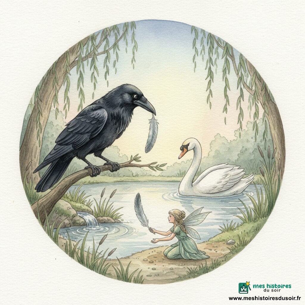 Un corbeau noir au plumage lustré, tenant une grande plume argentée et l'air contrit, est perché près d'une petite source tandis qu'un cygne blanc au regard bienveillant l'observe depuis la berge droite; la Fée des Ruisseaux, minuscule comme une pomme, aux cheveux semblables à des fils d'eau et à la robe aux reflets bleus et verts, est agenouillée et tend la main vers la plume sur la terre humide, dans une clairière ronde bordée de saules, herbe mouillée et petit bassin miroitant — instant paisible du retour de la plume, composition centrée, touches aquarelle.