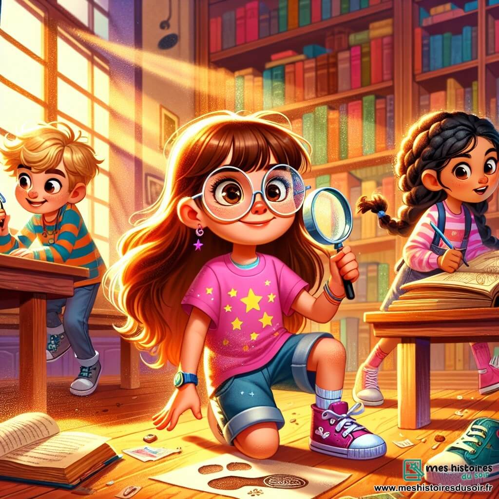 Léna, une petite fille de 8 ans aux longs cheveux bruns et lunettes rondes, montre une expression déterminée. Elle porte un t-shirt rose avec des étoiles et un short en jean, tenant une loupe. À ses côtés, Tom, un garçon de 8 ans aux cheveux blonds en bataille, observe une empreinte de chaussure, intrigué, tandis qu'Amira, 7 ans avec des cheveux noirs tressés, feuillette un livre ancien, surprise. La scène se déroule dans une bibliothèque scolaire chaleureuse, avec des étagères en bois remplies de livres colorés et des rayons de lumière filtrant à travers une grande fenêtre. Léna et ses amis enquêtent pour retrouver un livre ancien disparu, scrutant le sol et les étagères à la recherche d'indices.
