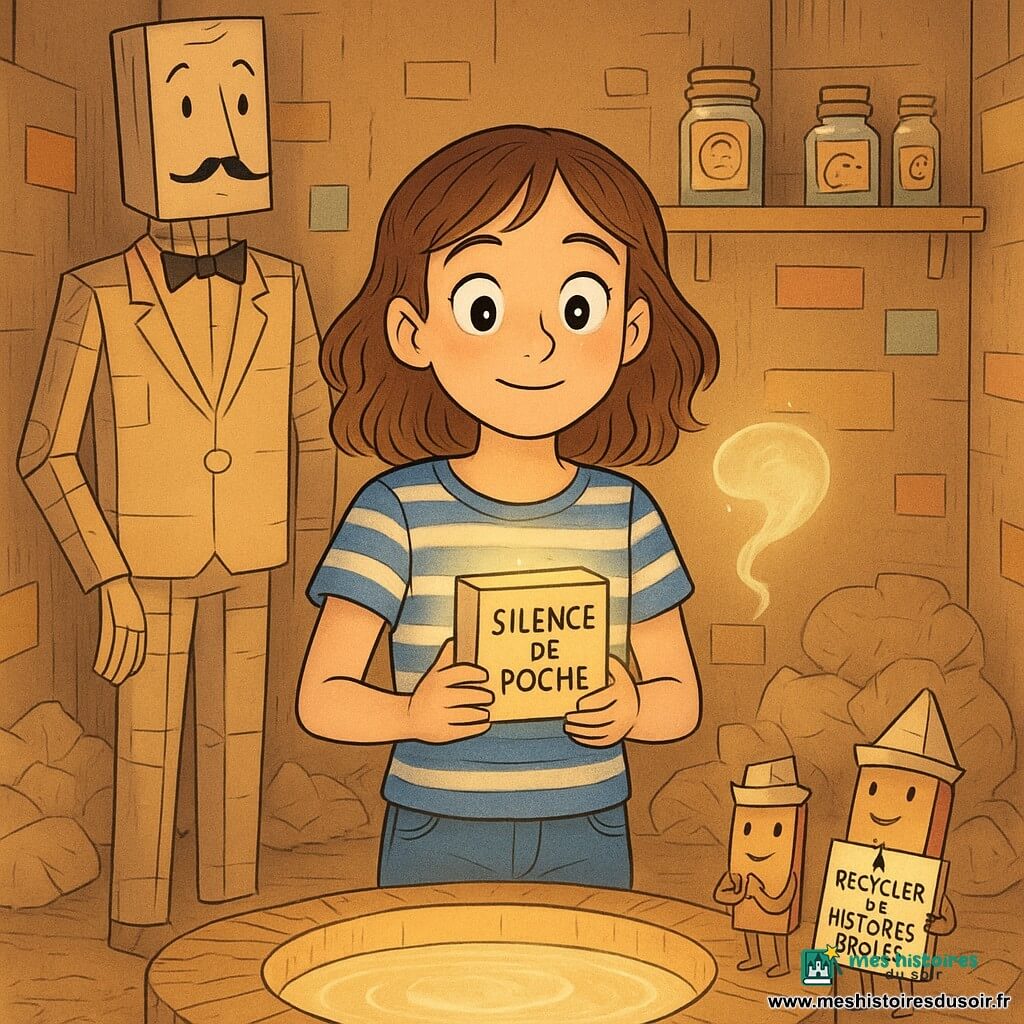 Lina, 12 ans, au centre, visage émerveillé et serein, cheveux châtain mi-longs légèrement bouclés, t-shirt rayé bleu et blanc et jean, tient contre sa poitrine une petite boîte étiquetée « SILENCE DE POCHE » qui diffuse une douce lueur. Derrière elle à gauche, Monsieur Scotch, majordome non humain fait de boîtes et de ruban adhésif, silhouette anguleuse avec moustache au marqueur, observe poliment; à droite, Ploc et Ploc, deux petites boîtes d’allumettes animées coiffées de chapeaux en papier, l’un applaudit timidement, l’autre tient une étiquette « À RECYCLER EN HISTOIRES DRÔLES ». Le Silence apparaît comme une auréole de lumière liquide et pâle au-dessus du bassin de la Chambre des Chuchotements, un espace du Palais de Cartons aux murs en carton ondulé décorés d’étiquettes, étagères de bocaux de chuchotements, coussins en papier disposés en cercle et bassin lumineux en carton verni; ambiance calme, chaleureuse et enfantine, textures contrastées (carton rugueux, papier bulle moelleux, lueur translucide), style graphique clair aux lignes nettes et couleurs chaudes et pastel.
