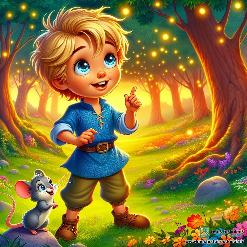 Le Petit Poucet, un garçon aux cheveux blonds en bataille et aux yeux curieux, se tient au centre de la clairière, souriant. Il porte une tunique bleue et des pantalons courts, levant les mains vers le ciel pour attraper des lucioles. À ses côtés, Grisette la souris, aux poils gris et aux yeux malicieux, se tient sur une pierre, pointant une direction avec détermination. La clairière est illuminée par le soleil couchant, entourée d'arbres majestueux et de fleurs colorées, créant une ambiance magique. Le Petit Poucet et Grisette se préparent à décider du chemin à suivre pour l'Assemblée des Bois.