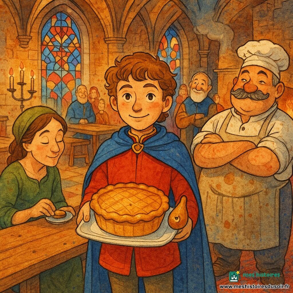 Le prince garçon au visage rond et cheveux châtains bouclés, sourire contenu, tient au centre une tarte dorée sur un plat en faïence; à sa droite le chef Armand, moustache grise et tablier taché, sourit fier éclairé par le four; à gauche une jardinière en robe verte, mains un peu terreuses, reçoit une part les yeux fermés; en arrière un tisserand à la barbe blanche observe amusé, entouré d’invités colorés; sur le coin du plat repose la petite Corne d’Argile ocre brillante, comme un œil qui a aidé la tarte; la grande salle aux vitraux projette des taches rouges et bleues sur tapis et longues tables en bois, chandeliers suspendus et cheminée fumante; scène chaleureuse et intime, lumière dorée sur la pâte caramélisée, visages adoucis et atmosphère de gratitude collective.