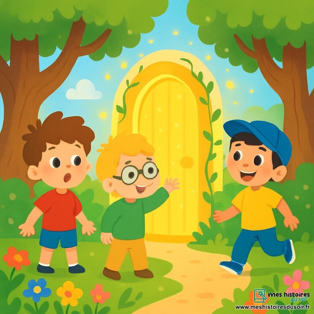 Il y a trois personnages : Petit Tom, un garçon de 6 ans avec des cheveux bruns en bataille, un t-shirt rouge et un short bleu, debout à gauche, surpris devant une porte dorée ; Petit Léo, un garçon de 5 ans avec des cheveux blonds et des lunettes rondes, portant un pull vert et un pantalon beige, au centre, tendant la main vers la porte ; et Petit Max, un garçon de 7 ans avec des cheveux noirs et une casquette bleue, habillé d’un t-shirt jaune et d’un jean, à droite, souriant et prêt à entrer. Le décor est un jardin enchanté avec des fleurs colorées et des arbres noueux, où une porte dorée scintille entourée de lianes et de lucioles. Les garçons, émerveillés, sont prêts à vivre une aventure dans un monde féerique.