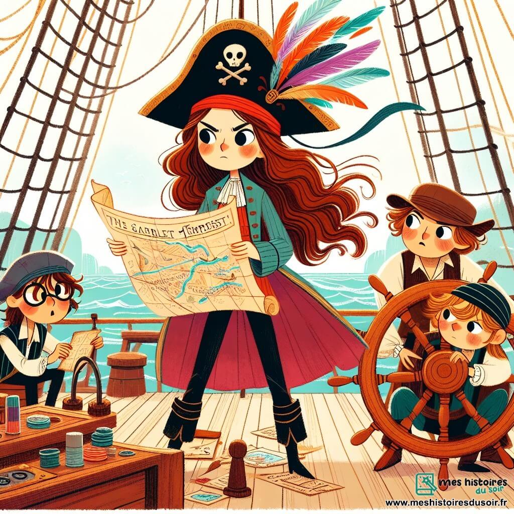 La Capitaine Léa, une femme intrépide d'une trentaine d'années, se tient fièrement sur le pont de son navire, "La Tempête Écarlate". Elle a de longs cheveux bruns, un chapeau de pirate orné de plumes, et un regard déterminé. Elle tient une carte au trésor et pointe l'horizon, prête à guider son équipage. À ses côtés, Matelot Marcel, jeune homme d'environ 25 ans avec une barbe rousse, examine la carte. Mécano Max, un homme d'une quarantaine d'années, ajuste les voiles près de la roue du navire, tandis que Moussaillon Mia, une petite fille d'environ 10 ans, prépare des biscuits au miel. Le navire navigue sur des eaux turquoise sous un ciel bleu clair, avec des îles mystérieuses à l'horizon. L'équipage se prépare pour une nouvelle quête, déterminé à résoudre les énigmes de la carte au trésor.