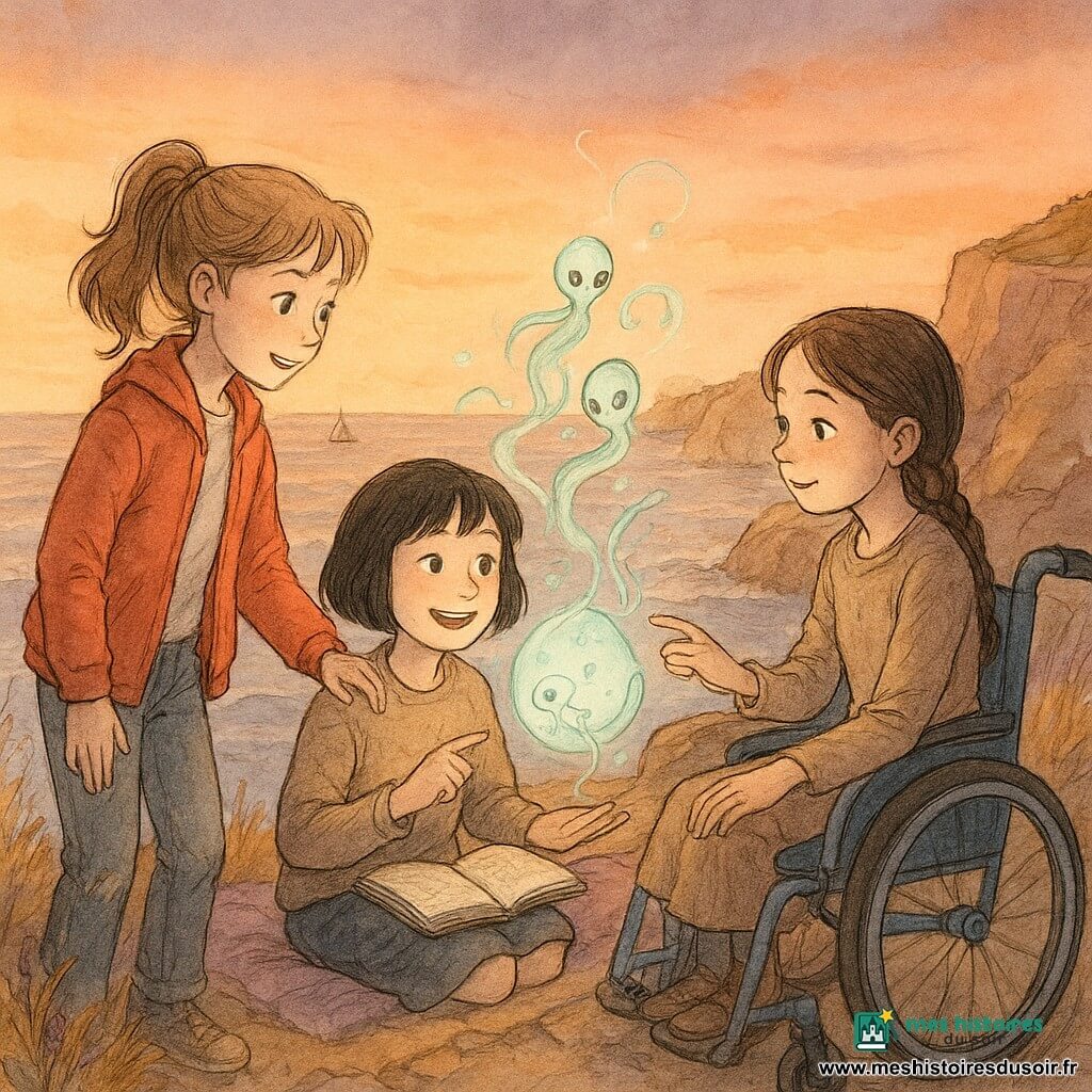 Trois filles sur un promontoire rocheux au coucher du soleil : Léa (≈10 ans, couette châtain clair, veste rouge, jean), debout à gauche, tend la main vers une petite sphère lumineuse ; Zoé (≈9 ans, cheveux noirs courts), assise au centre sur une couverture avec un carnet, pointe et sourit ; Hana (≈10 ans, cheveux bruns nattés), assise dans un petit fauteuil roulant bleu à droite, touche la coque translucide. La sphère posée sur la dalle s'ouvre et laisse sortir des créatures vert pâle aux grands yeux en rubans scintillants; elles partagent des miettes de gâteau, formant un demi-cercle, dans une ambiance douce où la lumière chaude du soleil se mêle à la lueur froide de la sphère, falaises ocres, herbes jaunes et mauves, vagues en contrebas.