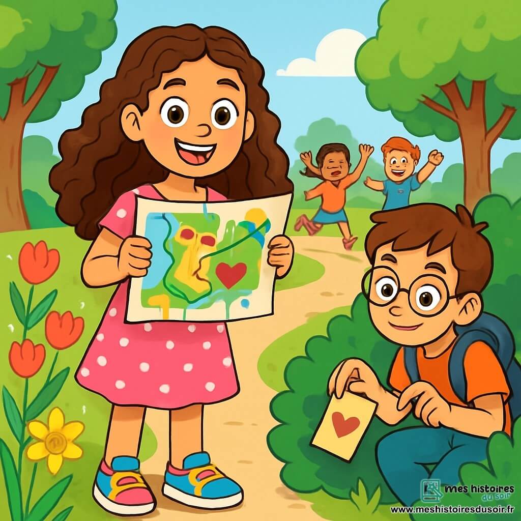Une fille de 12 ans, Lola, sourit en tenant une carte colorée. Elle porte une robe rose à pois blancs et des baskets multicolores, au centre d'un parc ensoleillé. À ses côtés, son ami Lucas, également âgé de 12 ans, observe un indice caché derrière un buisson. Le parc est rempli de fleurs éclatantes, avec des tulipes rouges et des jonquilles jaunes. Lola et Lucas sont entourés d'autres enfants, tous impatients de commencer la chasse au trésor de la Saint-Valentin, dans une ambiance joyeuse d'excitation et d'amitié.