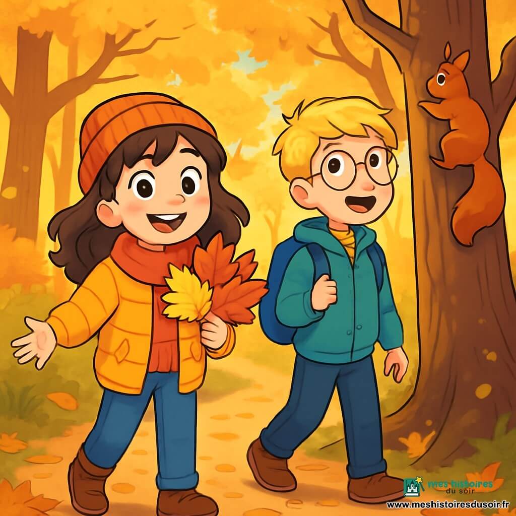 Une fille de 10 ans, aux cheveux bruns ondulés et aux yeux pétillants, se tient sur un sentier forestier, souriant avec émerveillement tout en ramassant des feuilles d'automne colorées. À côté d'elle, un garçon de 10 ans, aux cheveux blonds et lunettes rondes, observe un écureuil grimpant à un arbre, curieux. Ils explorent une forêt enchantée, remplis de joie et d'excitation, découvrant les merveilles de l'automne et partageant des rires sur la nature.