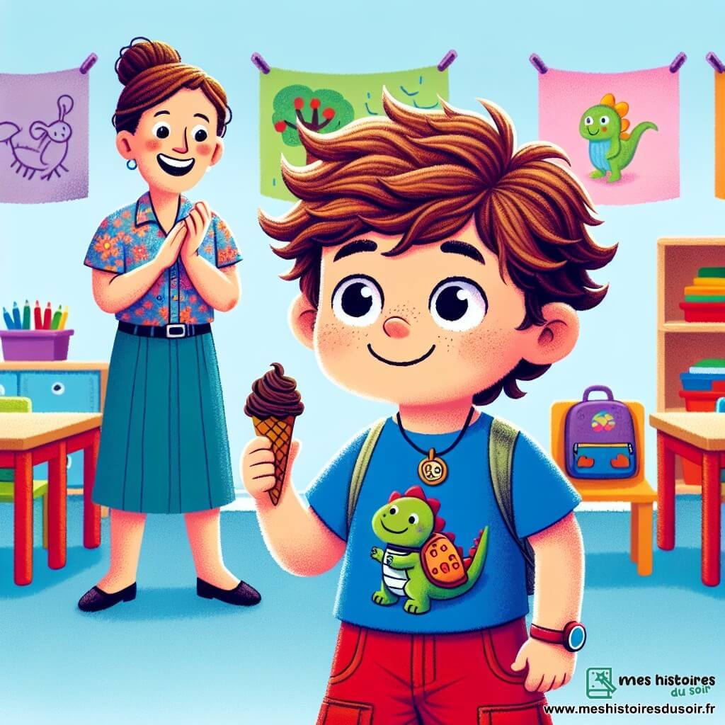 Un petit garçon de 4 ans, Max, avec de grands yeux curieux et des cheveux bruns en bataille, se tient debout dans une salle de classe colorée, un sourire malicieux sur le visage. Il porte un t-shirt bleu avec un dinosaure et un short rouge, tenant un petit jouet en forme de glace. À côté de lui, sa maîtresse, une femme souriante d'environ 30 ans, avec des cheveux châtains attachés en chignon, porte une blouse colorée et observe Max avec bienveillance, applaudissant son courage. La salle de classe est remplie de dessins accrochés aux murs, de tables en bois et de chaises colorées, créant une ambiance joyeuse. Max, avec un air déterminé, explique à ses camarades qu'il n'a pas fini sa glace au chocolat, révélant la vérité sur son petit mensonge, tandis que ses amis l'écoutent attentivement.