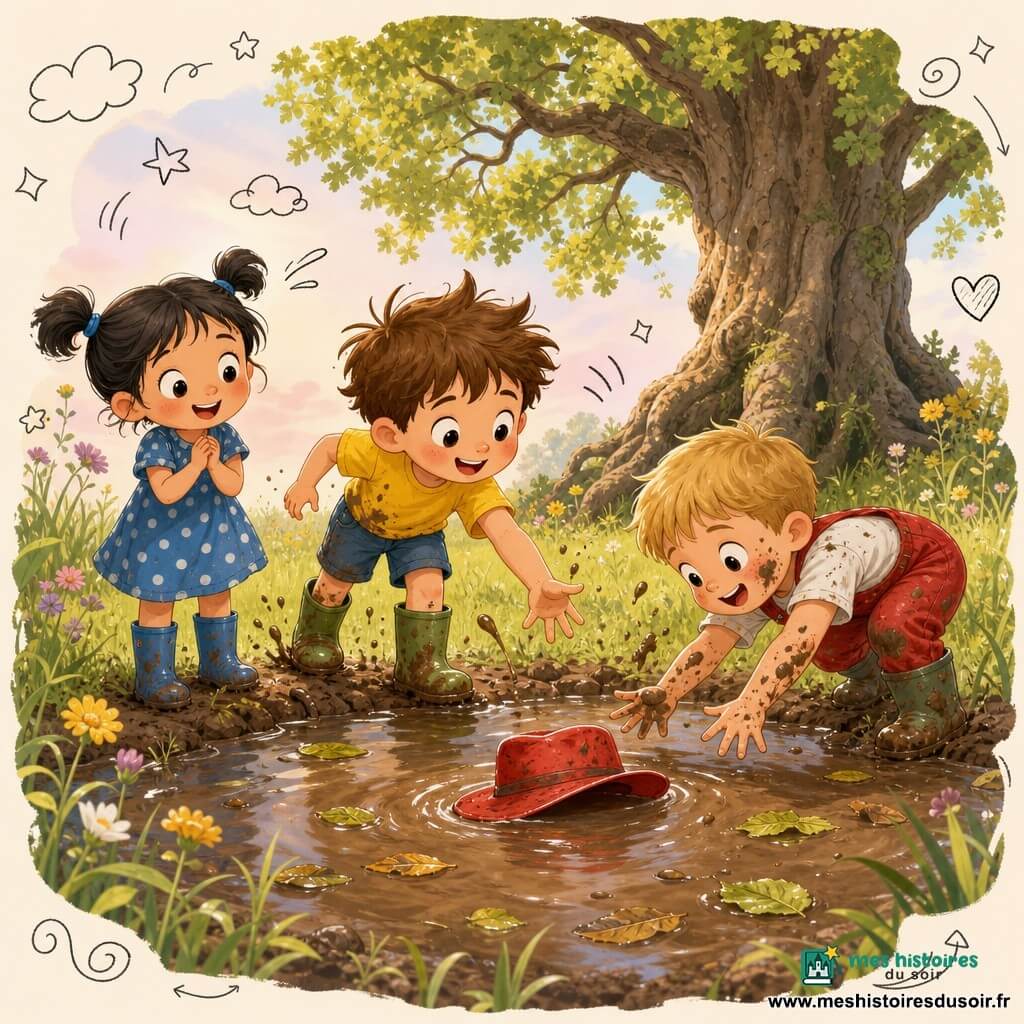 Trois enfants de 4 ans au bord d'une mare de boue dans un jardin : Léo, garçon aux cheveux bruns en bataille en t-shirt jaune et bottes vertes, se tient au centre et tend la main vers un chapeau rouge ; Mia, fille aux deux petites couettes et robe à pois bleu, est à gauche, souriante et chantonnante, les mains jointes ; Sam, garçon aux cheveux blonds en salopette rouge et taches de boue au visage, est à droite, penché en avant en train d'attraper le chapeau qui flotte, la scène montre des éclaboussures de boue, herbe haute, feuilles flottantes, un vieux chêne en arrière-plan, un ciel pastel, quelques fleurs sauvages et un esprit joyeux et aventureux avec des doodles (étoiles, notes, cœurs) autour.