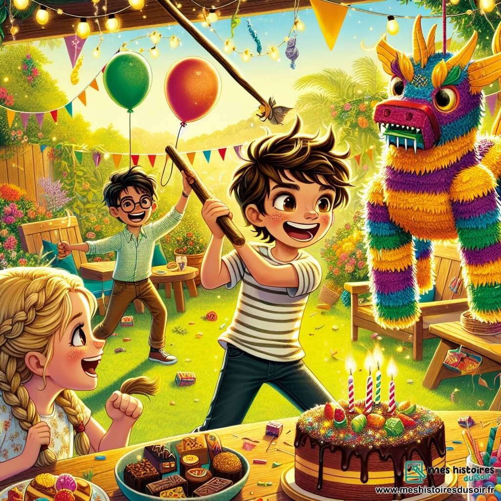 Dans un jardin ensoleillé, Lucas, un garçon de 12 ans aux cheveux bruns en bataille, tient un bâton de piñata. À sa droite, Clara, 11 ans, aux cheveux blonds tressés, exprime son excitation, et à gauche, Max, 12 ans, porte des lunettes et rit en se préparant à frapper la piñata en forme de dragon. Le jardin est décoré de ballons colorés, de guirlandes scintillantes et de fleurs éclatantes. Une grande table en bois est chargée de gâteaux au chocolat et de bonbons, tandis qu'une piñata colorée pend au-dessus d'eux. La scène capture le moment où Lucas s'apprête à frapper la piñata, entouré de ses amis qui l'encouragent dans une ambiance festive.