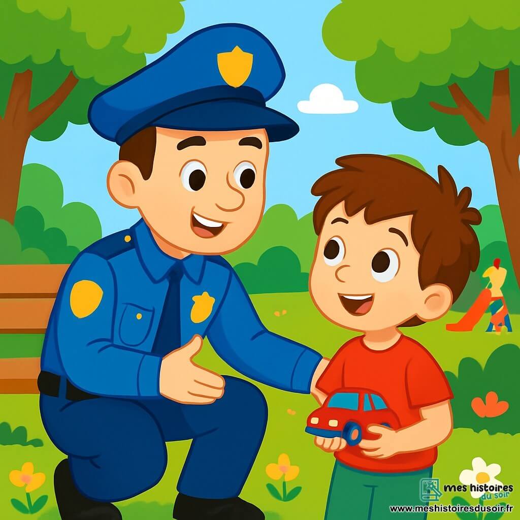 Un policier souriant en uniforme bleu et chapeau discute avec Léo, un garçon de 7 ans aux cheveux bruns et t-shirt rouge, qui admire le policier tout en tenant un jouet voiture. La scène se déroule dans un parc verdoyant avec des arbres et des fleurs, où d'autres enfants jouent. Le policier explique à Léo son rôle de protection, créant un moment chaleureux entre eux.