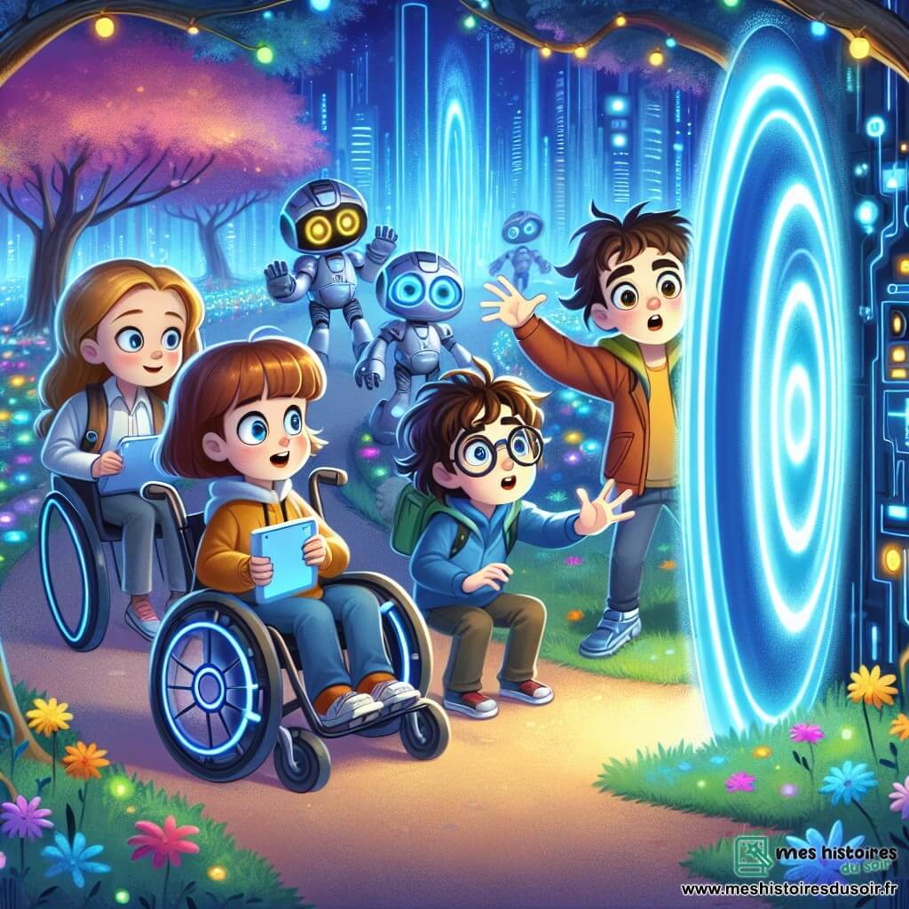 Au centre de l'image, Léo, un garçon de dix ans aux cheveux en bataille et au sourire espiègle, touche un portail futuriste brillant d'une lumière bleutée. À sa droite, Emma, déterminée et avec les cheveux courts, tient une tablette pour prendre des notes. À gauche, Sam, avec des lunettes rondes et des cheveux frisés, observe le portail, tandis que Zoé, en fauteuil roulant, sourit, ses cheveux longs flottant au vent. Le décor est un parc technologique futuriste avec des arbres luminescents et des robots jardiniers. En arrière-plan, des gratte-ciels scintillants de Technopolis se dressent sous un ciel étoilé. Les enfants sont fascinés par le portail mystérieux, qui émet une douce lumière, les invitant à découvrir les secrets de l'avenir.