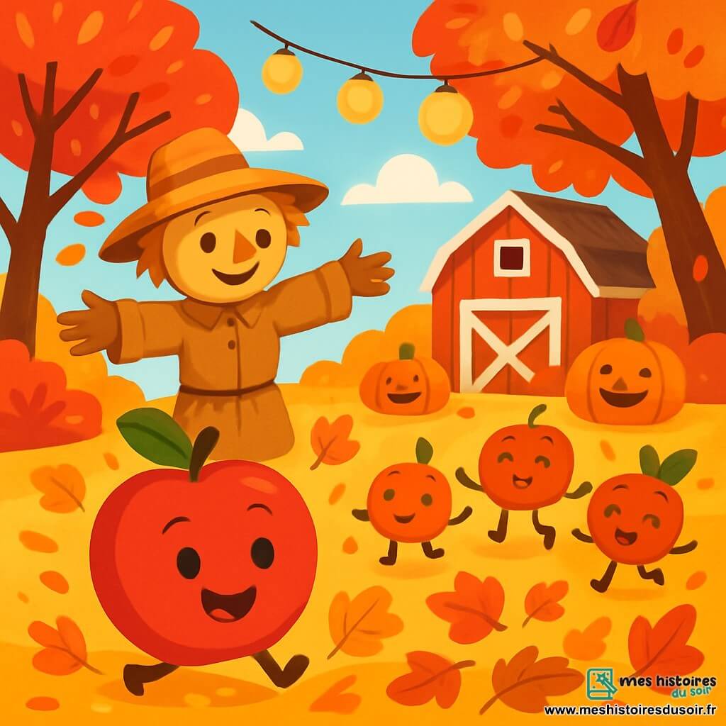 Pomme, une petite pomme rouge ronde et curieuse, roule joyeusement sur le sol d'un champ doré, entourée de feuilles d'automne éclatantes. Monsieur Paille, un épouvantail amical avec un chapeau de paille, se tient à proximité, souriant et racontant des histoires à ses amis. Le lieu est une ferme animée avec des arbres aux feuilles rouges et oranges et des citrouilles décorant le sol. Pomme et ses amis célèbrent l'automne en dansant et riant sous un ciel bleu clair, entourés de lanternes scintillantes et de délices d'automne.