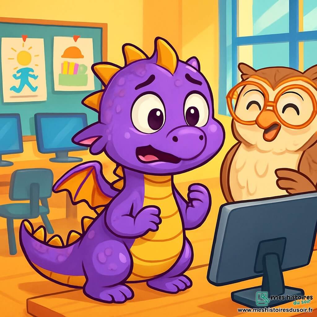 Un petit dragon violet nommé Pipo, avec des écailles brillantes et des yeux ronds, se tient devant un grand écran d'ordinateur, curieux et un peu nerveux. À côté de lui, une chouette souriante avec des lunettes l'encourage à parler. Le décor est une salle de classe lumineuse, remplie de couleurs vives, avec des affiches d'enfants et des ordinateurs sur des bureaux en bois. Pipo prend une grande inspiration avant de commencer sa présentation, entouré de camarades attentifs.