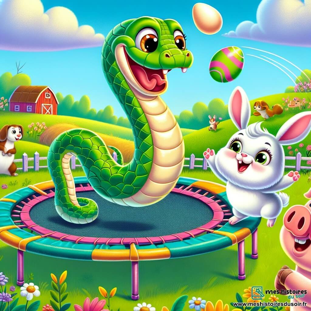 Un serpent nommé Sacha, avec des écailles vertes et des yeux malicieux, se tient sur un trampoline coloré, souriant joyeusement. À proximité, Léa la lapine, avec de grandes oreilles et un pelage blanc, applaudit avec admiration sur ses pattes arrière. Gaspard le cochon, rose et rond, se tient à côté du trampoline, tenant une pomme et prêt à encourager son ami. La scène se déroule dans une ferme animée, entourée de champs verdoyants et de fleurs, sous un ciel bleu, où d'autres animaux viennent admirer Sacha, qui réalise des sauts acrobatiques impressionnants en jonglant avec des œufs.