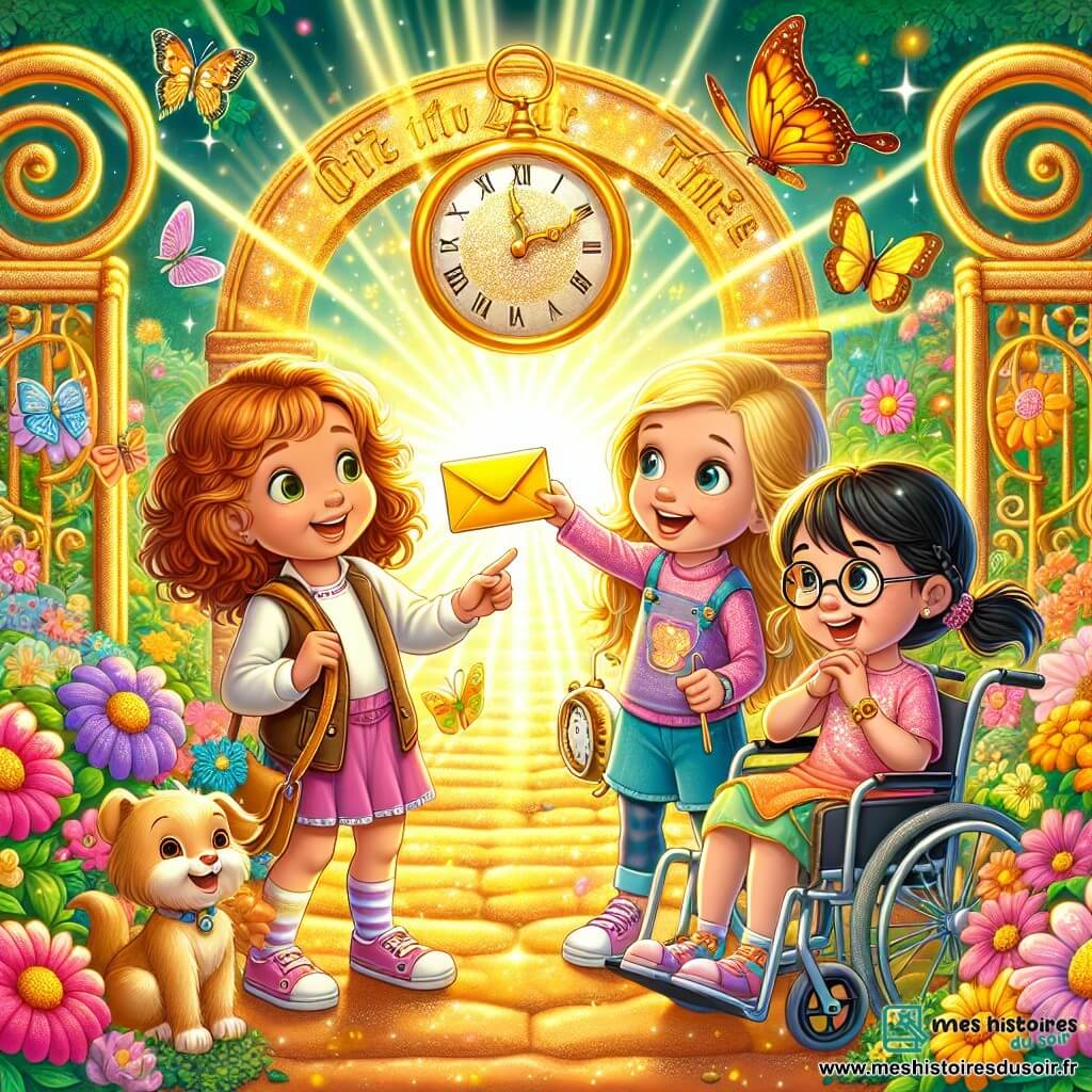 Dans un jardin ensoleillé, quatre petites filles, Léa, Zoé, Mia et Anna, sont émerveillées par une enveloppe dorée flottant dans l'air. Léa, 8 ans, souriante, pointe l'enveloppe, tandis que Zoé, 7 ans, essaie de l'attraper. Mia, 9 ans, observe avec curiosité, et Anna, 8 ans en fauteuil roulant, sourit en tenant une petite horloge. Le jardin est coloré, rempli de fleurs et de papillons, avec un portail lumineux en arrière-plan. Les amies découvrent une lettre mystérieuse les invitant à voyager dans le temps pour protéger l'histoire, guidées par un papillon doré.